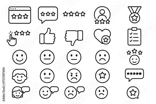 Feedback and review line icon set. Customer satisfaction, star rating and emotion symbols. User experience evaluation icons for survey, website or app. Quality test vector.