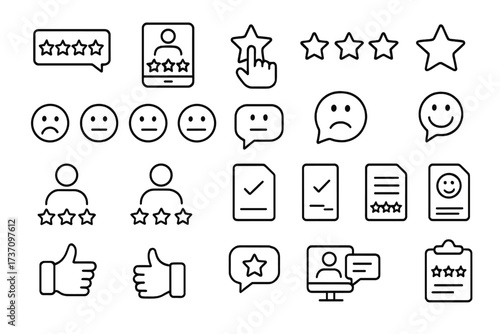 Feedback and review line icon set. Customer satisfaction survey signs. Star rating, emotion scale, testimonial and quality evaluation symbols for user experience design.