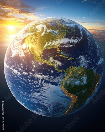 Earth view clouds, sunlit continents, oceans, and blue sky