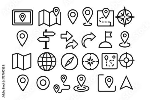 Navigation and location line icon set. Collection of 24 outline symbols including map, pin, GPS, compass, route, arrow, and pointer for web, app UI, and travel concepts.