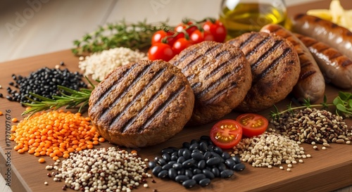 A variety of plant-based meat alternatives, including burgers and sausages, are arranged with grains, beans, and vegetables on a wooden board