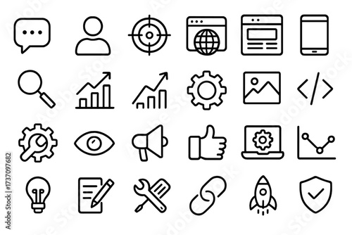 SEO and web development icon collection. 24 thin line symbols for digital marketing, business app, and website UI design. Includes target, analytics, coding, and startup rocket.