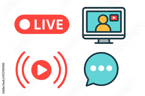 Live stream icon collection. Webinar and online broadcasting symbols. Vector set for digital events, video conference, and internet streaming. Live button, play, and chat.