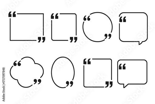 Vector set of block quote frames. Collection of quote marks and blank templates for comments, messages, or testimonials. Speech bubble and citation box icons for information.