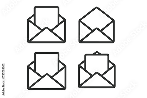 Set of envelope icons with paper document, letter in envelope, correspondence delivery, mail symbol, office communication, message vector illustration, document sending, postal mail