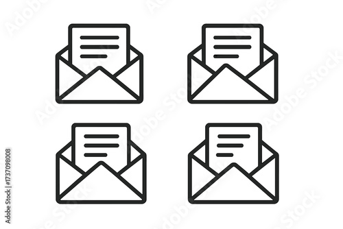 Set of envelope icons with paper letter inside, mail message symbols, closed document in envelope, correspondence delivery, office communication, vector illustration pack