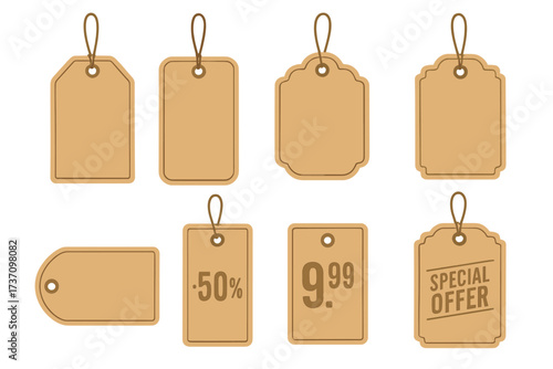 Vintage kraft paper sale tags and labels set, blank price and discount tags with string loops, special offer labels, shopping label template, vector illustration