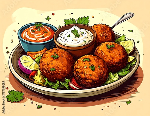 Delicious Fried Falafel with Dipping Sauces.