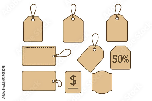 Set of vintage sale tags and labels, blank and discount price paper shopping labels, special offer template for retail and marketing, vector illustration collection