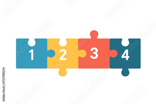 Colorful flat infographic with four interconnected jigsaw puzzle pieces, numbered steps, vector illustration with transparent background, process concept, ordered set design