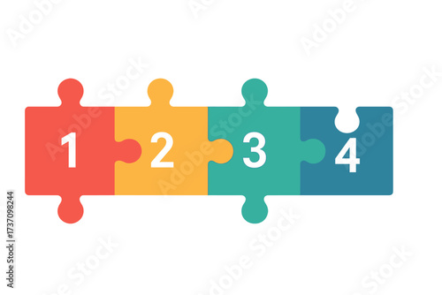 Colorful four-piece jigsaw puzzle infographic template with numbered steps, flat design vector illustration for business process, workflow, and education concept