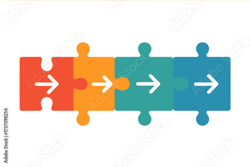 Colorful flat infographic with interconnected jigsaw puzzle pieces showing step-by-step process arrows, vector illustration with transparent background, sequence and progress concept