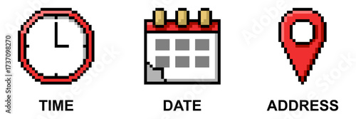 Pixel time date address vector. Ideal for contact information, scheduling, and event planning themes. This digital graphic is perfect for user interfaces, mobile apps, or any organizational design.