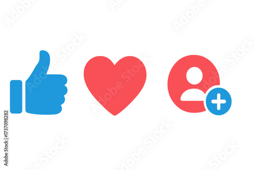 Social network rating icons set with thumbs up like symbol, red heart love icon, and new follower add user flat design vector illustration for social media interaction