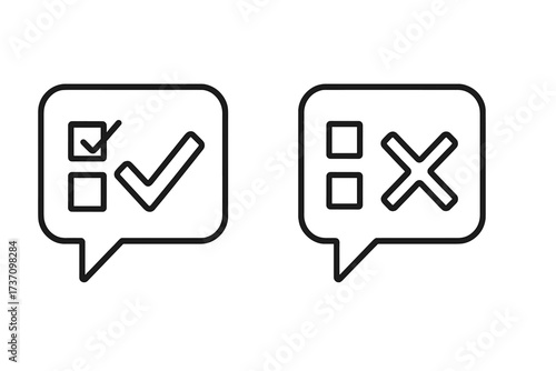 Speech bubble with checklist, dos and don'ts symbols, modern flat line icon, concept of approval, rejection, evaluation, quiz, accept and reject marks, decision making