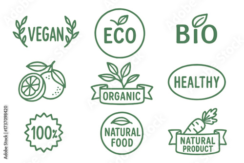 Vegan Eco Bio Organic Fresh Healthy 100 Percent Natural Food Logo Emblem Badge Label Tag Packaging Vector Illustration for Cafe and Product Branding