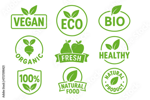 Vegan eco bio organic fresh healthy 100 percent natural food natural product emblem cafe logos badges tags label packaging vector illustration