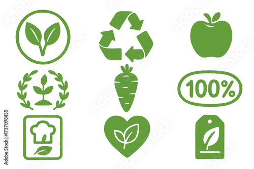 Vegan eco bio organic fresh healthy natural food 100 percent natural product emblem cafe logo badge tag packaging vector illustration set