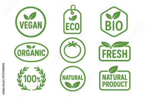 Vegan eco bio organic fresh healthy 100 percent natural food emblem icon set, natural product labels, badges, tags, logos for packaging, cafe, organic market vector