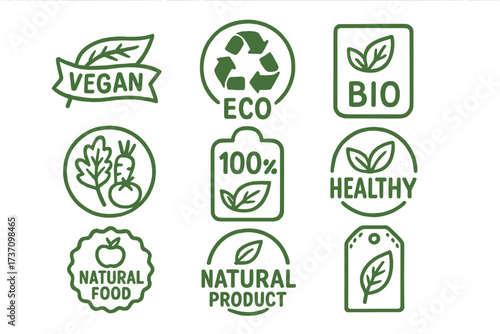 Vegan eco bio organic fresh healthy natural food label badge emblem 100 percent natural product tag packaging logo design vector illustration