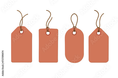 Set of blank price tags vector illustration, assorted shapes with string loops, retail price label collection, shopping tags for product pricing, sale tags with transparent background