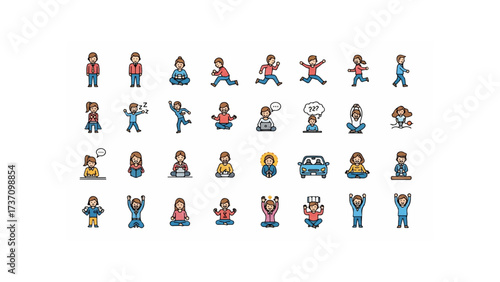 Illustration showing diverse people in various activities and poses on a white background in a grid layout