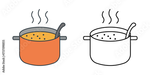 Simmering soup icon of a pot with ladle resting inside. Perfect for cooking, kitchen, meal preparation, and food design themes.