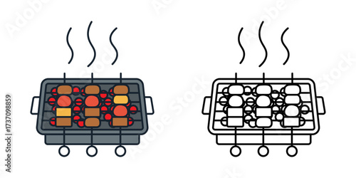Grill skewers icon with a rack holding skewers of meat and vegetables. Great for barbecue, cooking, and summer food themes.