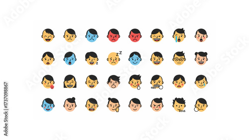 Collection of cartoon faces showing various emotions and expressions arranged in a grid pattern design