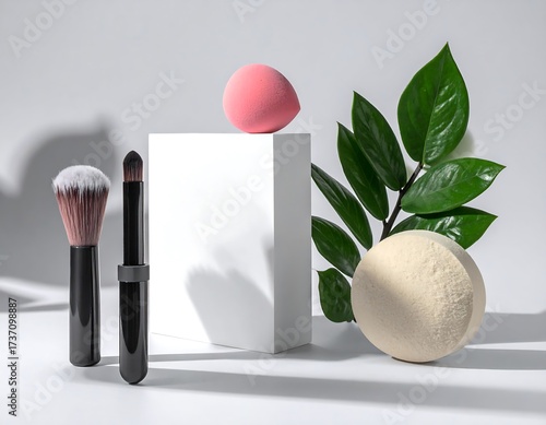 Makeup Brushes and Beauty Sponge on White Background.