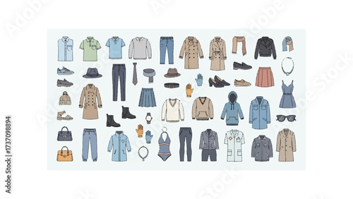 Illustration showcasing a variety of clothing items including shirts pants dresses and accessories nicely arranged