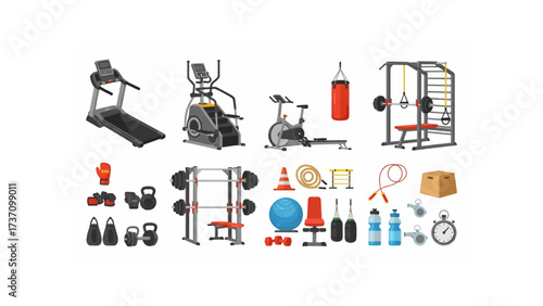 Illustration of gym equipment including treadmill elliptical weights and other fitness accessories