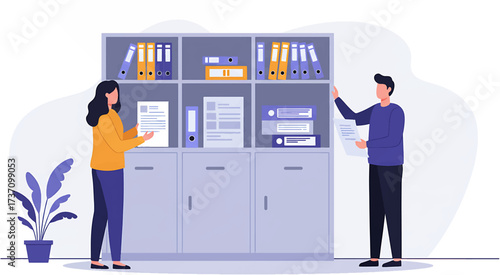 Two Colleagues Reviewing Documents Near a Filing Cabinet.