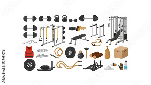 Illustration showing a variety of gym equipment including weights and exercise machines for fitness training
