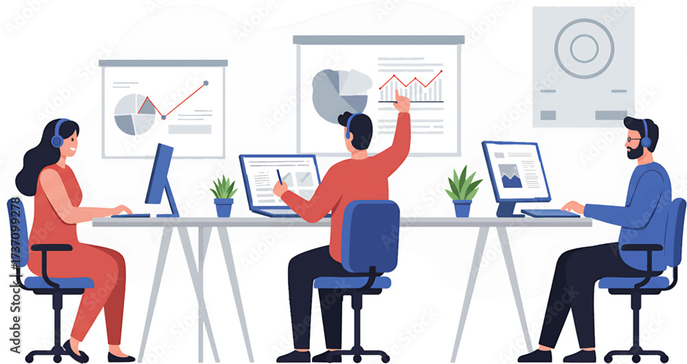 Fototapeta premium Diverse Team Collaboration: Data Analysis and Presentation in Modern Office.