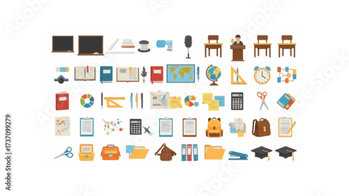 A collection of school supplies and classroom objects including books, maps, and graduation caps displayed