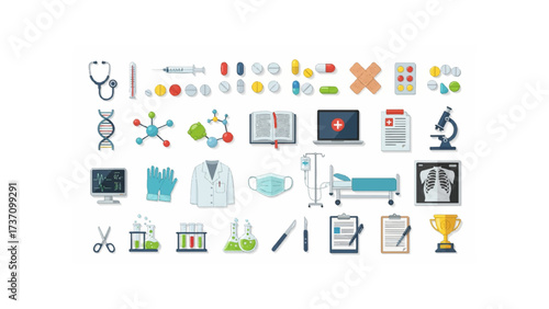 Collection of medical and scientific icons including tools and equipment on a white background