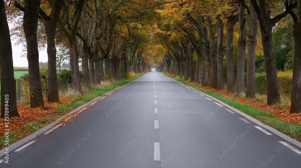 Obraz premium A serene road lined with trees displaying autumn foliage, creating a picturesque, tranquil atmosphere for travelers.