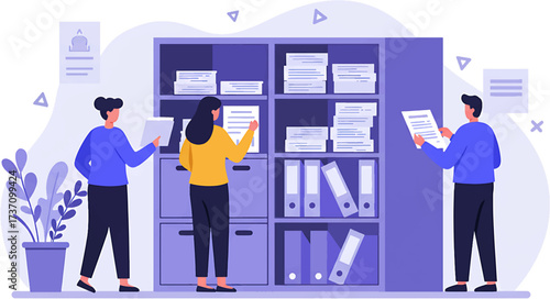 People Examining Documents Near a Large Filing Cabinet Illustration.