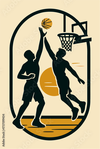 Basketball duel under the rim contested shot and block defense competitive court vector