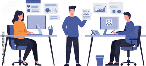 Three office workers at desks with computers and data charts.