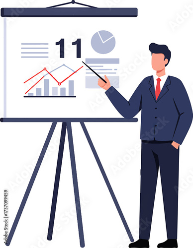 Businessman Presenting Data on a Flip Chart with Pointer.