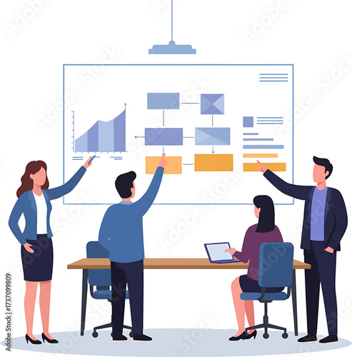 Business Team Presenting Workflow Diagram on Whiteboard.