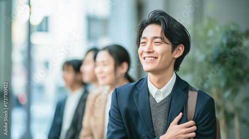 Young Japanese businessman smiling confidently in suit during job hunting season