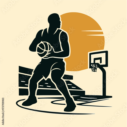 Basketball point guard dribbling on court competitive team sport stadium badge vector