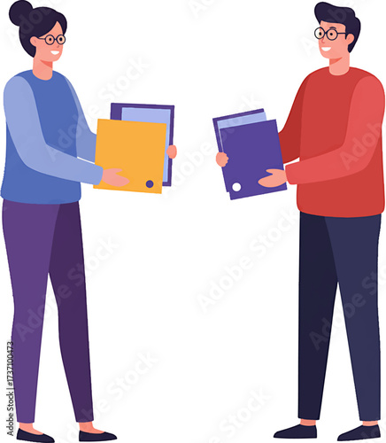 Two Cartoon People Holding Folders Wearing Glasses and Casual Clothes.