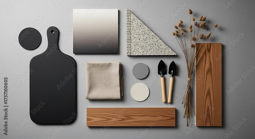 Naklejka premium Minimalist Composition of Various Objects Arranged on a Gray Surface