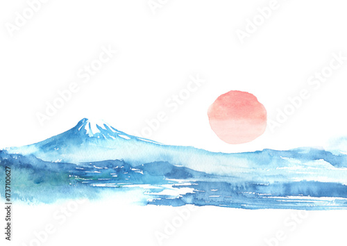 水彩で描いた富士山と日の出の背景イラスト