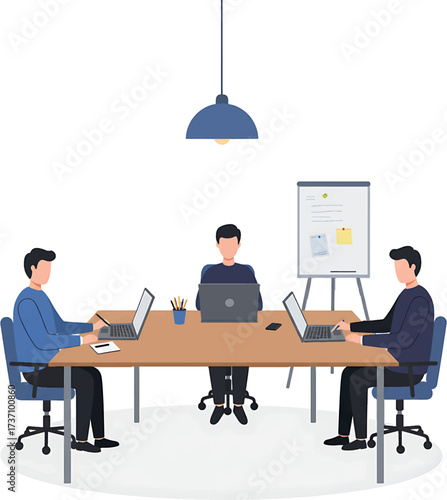 Four Men Collaborating at a Long Wooden Table Using Laptops.