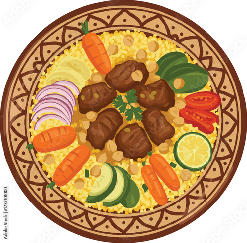 Traditional Moroccan Algerian and Tunisian Couscous Platter with Lamb Vegetables Chickpeas in Decorative Ceramic Serving Plate Vector